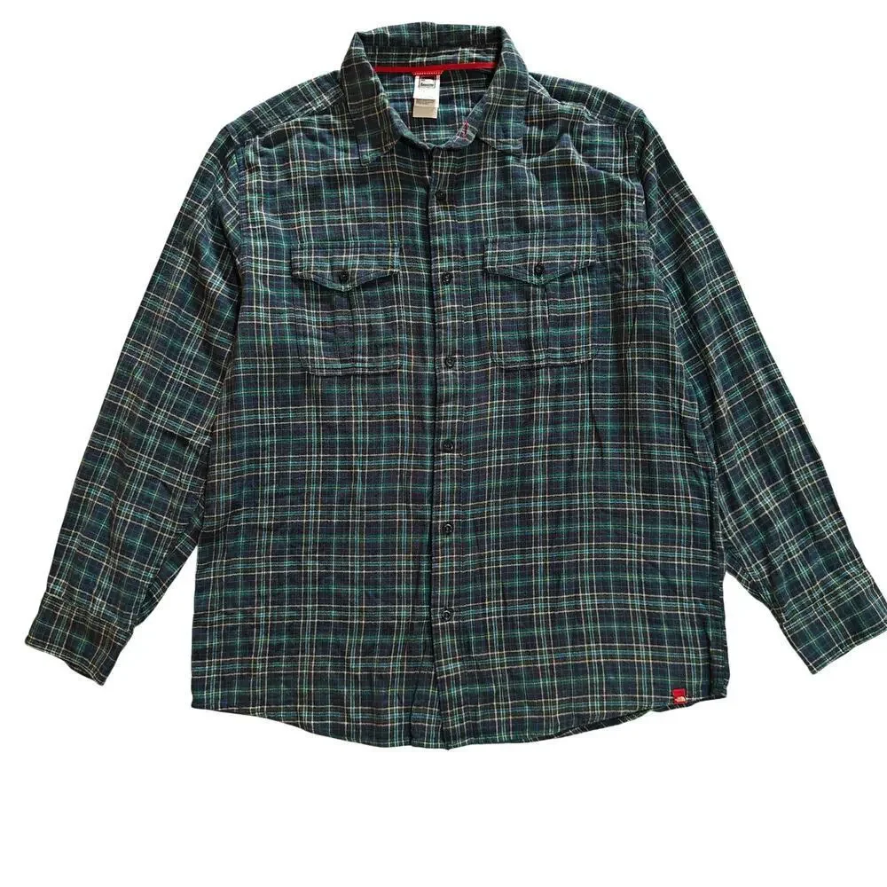The North Face Plaid Flannel Button Up Shirt Mens XL Tall Blue Green